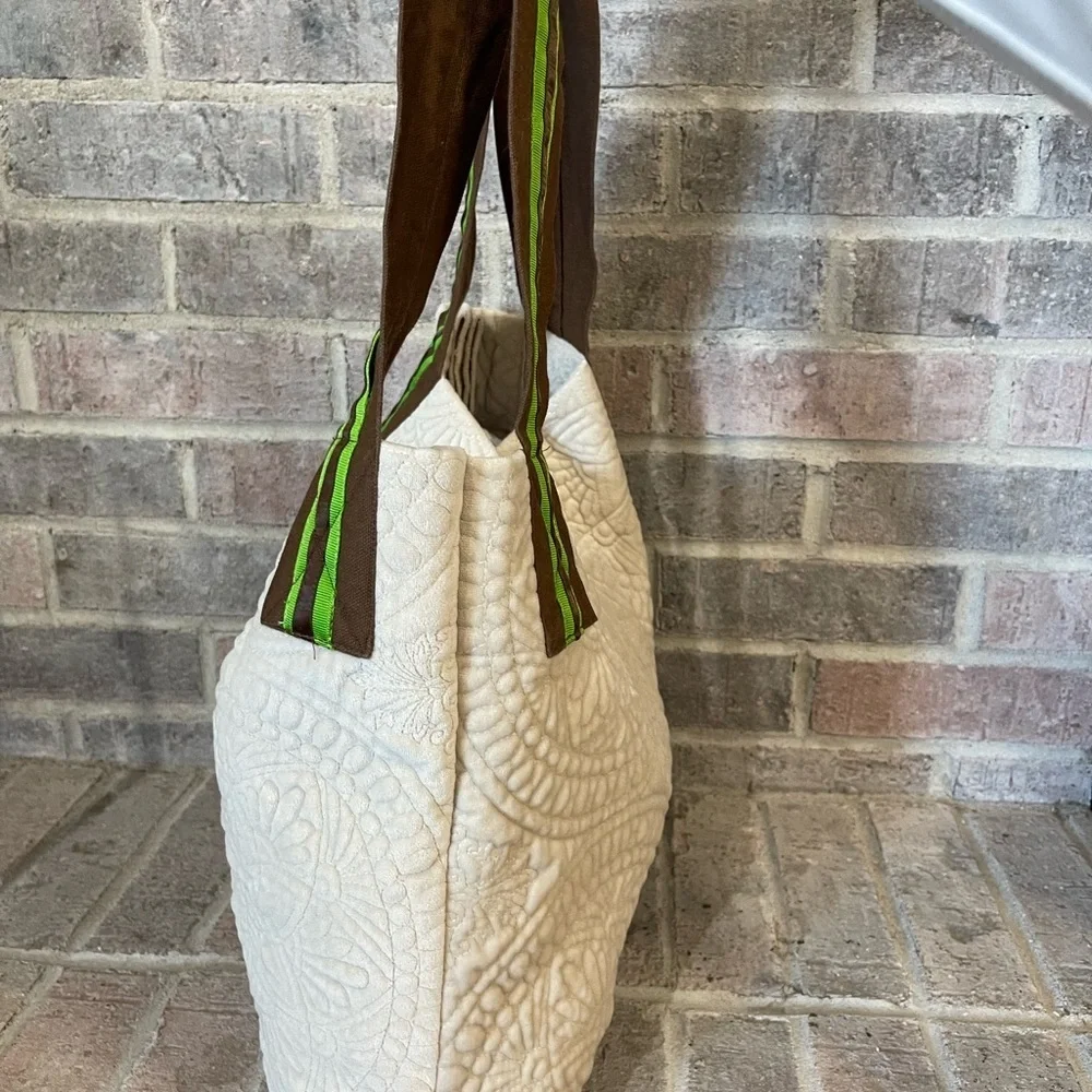 Cream Textured Tote Bag with Striped Straps - Picture 4 of 8